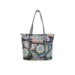 Vera Bradley Quilted Tote Bag Womens Black Paisley Floral Zip Top Shoulder Purse